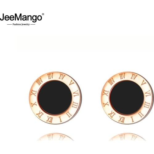 JeeMango Classic Roman Numeral White Black Shell Stud Earrings For Women Titanium Steel Female Earrings Jewelry Brincos JE18002