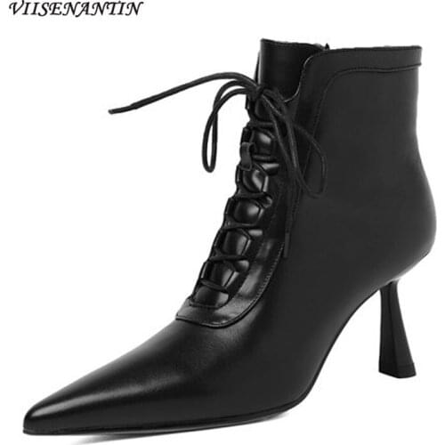 Cowhide Pointed High-heeled Short Boots Womens Stiletto Heel Autumn 2021 New Temperament White Lace-up Side Zipper Short Boots