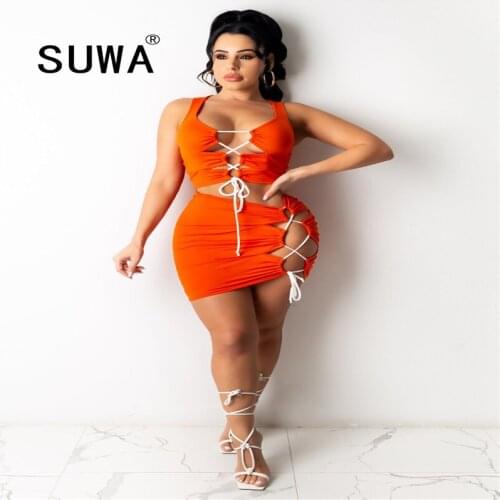 Hollow Out Holiday Straps Sexy Women Sets Clothes Summer 2021 New Arrival Sleeveless Pullover Crop Top Bodycon Skirts