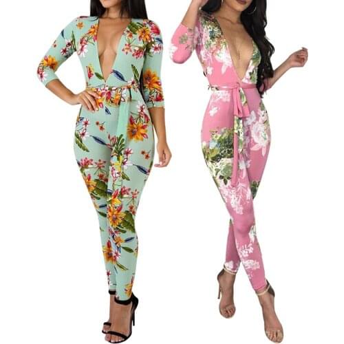 Ladies Bodycon Jumpsuit Elegant for Women Floral Bodysuit Long Boho Jumpsuit F0010 Deep V Neck with Waist Belt
