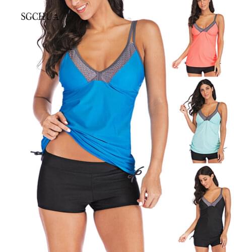 SGCHUA 2020 Plus Size Two Piece Swimsuit Women 5XL Boxer Tankini Black Blue Big Pleated Swimwear Clearance Beach Bathing Suit
