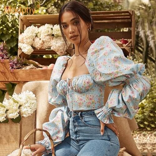Floral Top Women White Sweet Square Neck Long Puff Sleeve Ruched Drawstring Crop Top Summer Female Party Blouse 2021 New