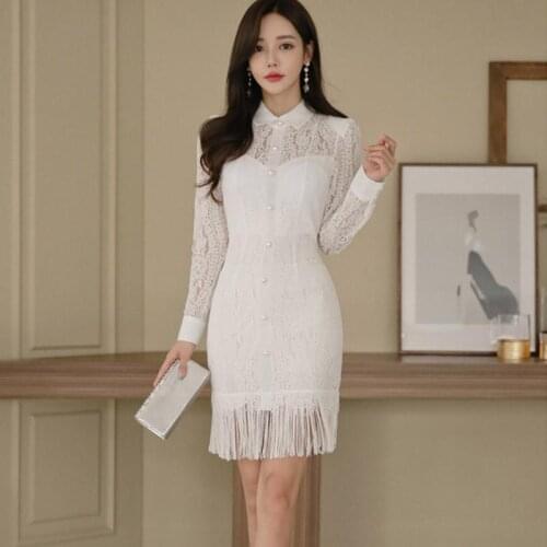 Autumn new 2018 Korean OL elegance slim sexy stitching tassel bag hip dress female Peter Pan Collar long sleeve White lace Dress
