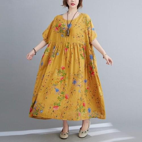 Yellow Dress 2021 New Arrival Short Sleeve Loose Summer Dress Thin Cotton Linen Print Floral Vintage Dress Women Casual Dress
