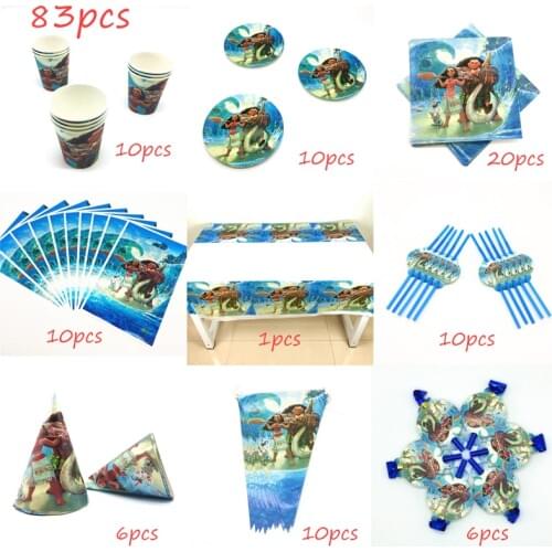 83 pcs Moana Theme Disposable Tableware Cartoon Birthday Party Decorations Flag Tablecloth Baby Shower Plate Cup Event Supplies