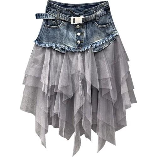 American denim tulle skirt cool girls 2021 Spring & summer new style stitching high waist jean tutu skirt young women BSQ035