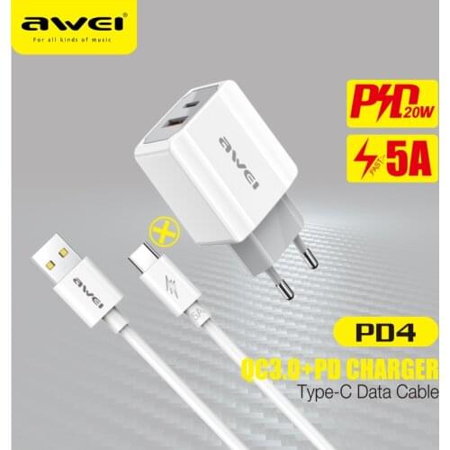 AWEI PD4 20W PD Phone Charger Type-C and Qi Fast Charging Built with 5A Quick Phone Charge Cables for iPhone12 Pro Huawei Xiaomi