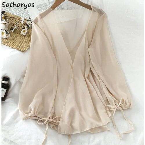 Chiffon Solid Blouses Women Breathable Shirts Thin New Outwear V-neck Elegant Korean Style Trendy Drawstring Bow Female Simple