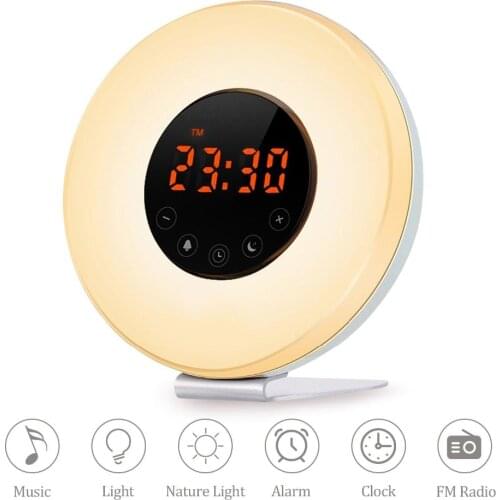 Digital Alarm Clock Wake Up Light Table LED Lamp Electronic Clock with FM Radio 7 Colors Light Sounds Function Touch Control