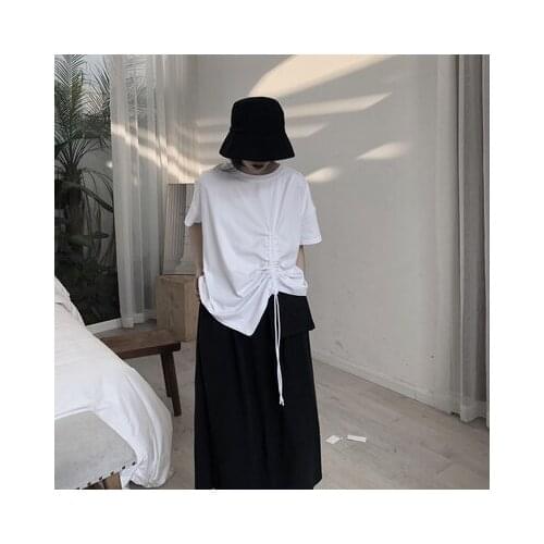 Drawstring stretch wrinkle plain black and white loose t-shirt summer short jacket 2020 new summer clothes