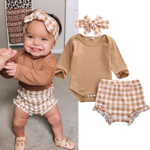 3PCS Spring Autumn Fashion Newborn Baby Boy Girl Long Sleeve Romper Jumpsuit Plaid Shorts Pants Headband Outfits Set 0-24M