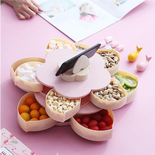 2Layer Petal Rotation Snack Candy Storage Box with Phone Holder Lazy Dried Fruit Nut Tray Wedding Gift Home Party Organizer Box