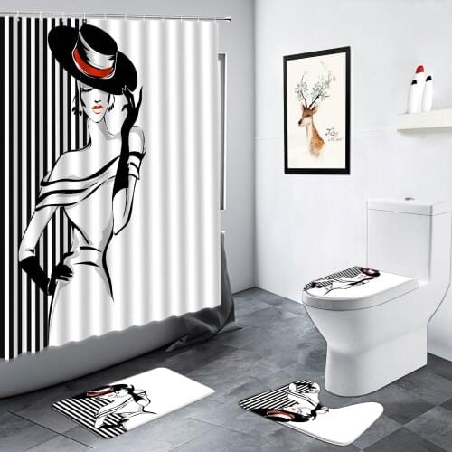 Fashion Sexy Girl Shower Curtains Set Simple Hand Painted Woman Black White Striped Bathroom Decor Non-slip Rug Toilet Bath Mats