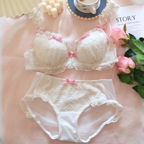 Girl underwear retro Lolita lace bow tie bra set with steel ring push up lingerie large size womens bralette sets