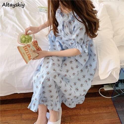 Nightgowns Women Floral Pattern Half Sleeve Summer Leisure Loose Homewear Ruffles Popular Japanese Style Simple Cozy Girls Basic