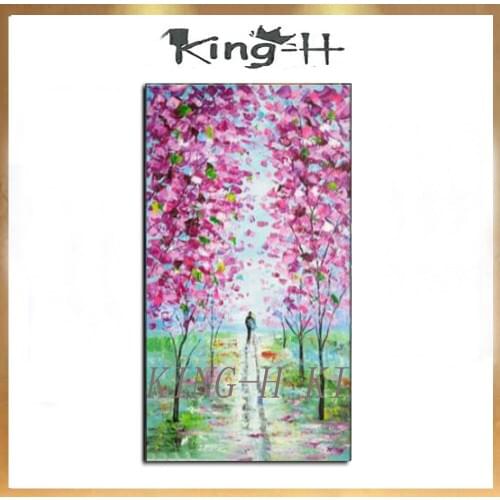 Knife Trees Oil Painting On Canvas Pink Flowers Lovers Path Mural Modern Landscape Wall Painting for Home Decoration (No Frame
