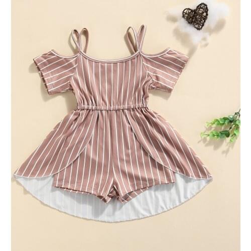 Toddler Baby Girls Jumpsuits Dress Summer Fashion Infant Kids Casual Overalls Pink Stripe Printed Short Sleeve Cotton Rompers