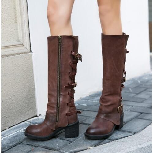 Brown Black Woman Retro Buckles 65 mm Sqaure Heels Zipper Side 100% Genuine Leather Round Toe Winter Knee High Long Boots