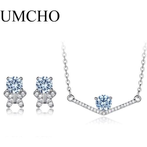 UMCHO 925 Sterling Silver Jewelry Round Sky Blue Topaz Stud Earrings Necklace Elegant Wedding Gifts For Women Fine Jewelry Sets