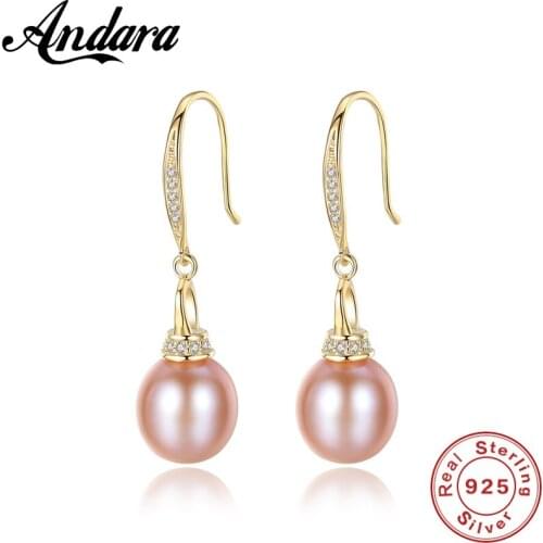 Authentic 925 Sterling Silver Elegant Fashion Purple Fresh Water Pearl Drop Earrings Sparkling CZ Fine Jewelry 2019 New