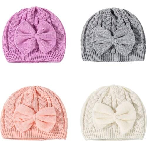 FOCUSNORM 4 Colors Baby Girls Boys Cute Knitted Hat with Bowknot Sweet Style Solid Color Beanies Hats Accessories