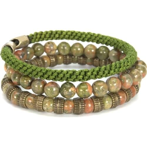 Retro Multi Layer Green Stone Bracelet Ethnic Special Handmade Braided Three Set Jewelr Couple Gift Men Women