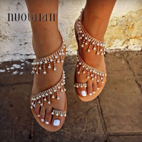 2019 Summer Women sandals shoes woman flat pearl sandals comfortable string bead slippers women casual sandals size 35 - 42