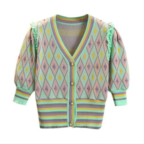Women Beading Plaid Knitted Ruffles Cardigan Summer Short Sleeve V-Neck Single Breasted Geometric Sweater Coat Checked Tops 2021
