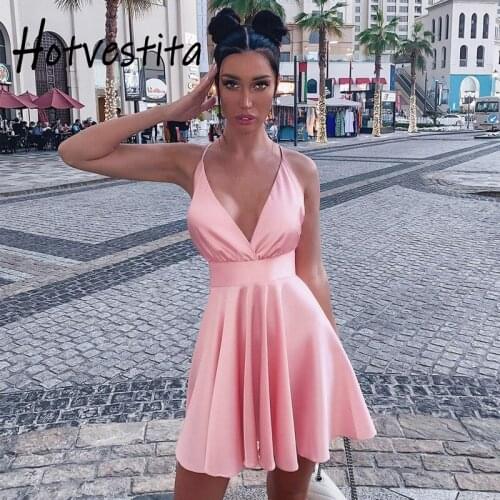 Hotvestita 2021 Summer Women Sexy Satin Slip Dress Criss Cross Backless Bow Tie Fit and Flare Solid Mini Dresses Party Clubwear