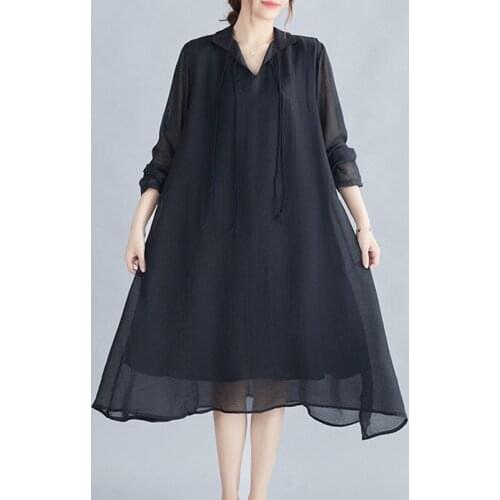 2021 New Arrival Thin Soft Chiffon Fashion Blouse Dress Black White Office Lady OL Work Dress Loose Women Casual Spring Dress