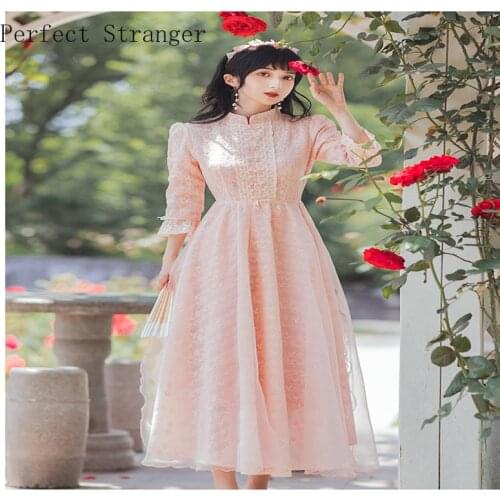 Women Dress Vintage Autumn New Arrival For 2021 Long Sleeve Stand Collar Lace Gauze Female Clothes Long Dress