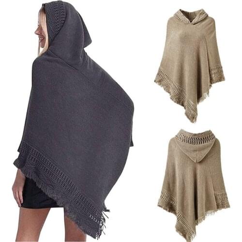 Women Winter Warm Knitted Hooded Poncho Cape Solid Color Crochet Fringed Tassel Shawl Wrap Oversized Pullover Cloak Sweater