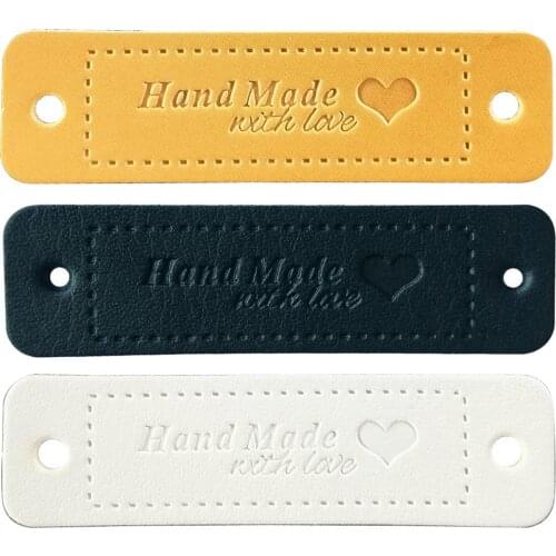 10pcs Handmade with Love Heart PU Leather Tags Labels with Holes DIY Craft