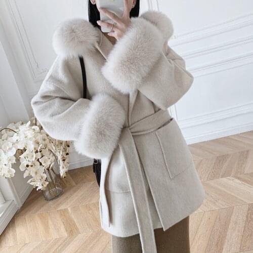 2020 Women Winter Natural Fox Fur Collar Double-Sided Wool Coat with Plush Cuffs Female Thickening Fur Jacket For Girls