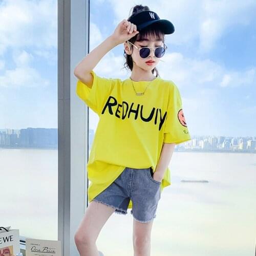 Summer 2021 Kids Clothes Girls Fashion Letter Printing Short-sleeve Long T-shirt + Denim Shorts Teenage Girls Clothing 8 10 12Y