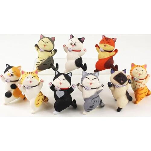 9pcs/Lot 7cm Pet Cats Figure Toys Fuji Neko Kitten with Bells Cartoonists Animal Model Toys