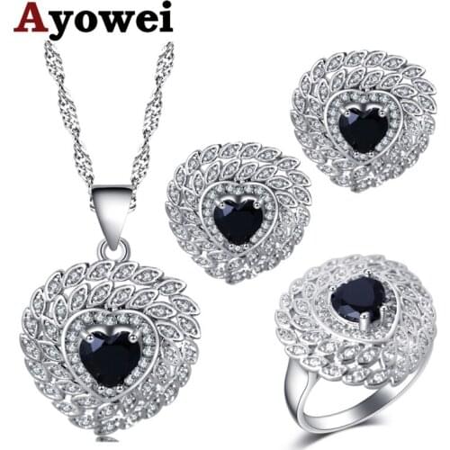 Ayowei Party Heart-shaped for women black zircon silver Earrings Necklace pendant rings Jewelry Sets #6#7#8#9#10 JS729A