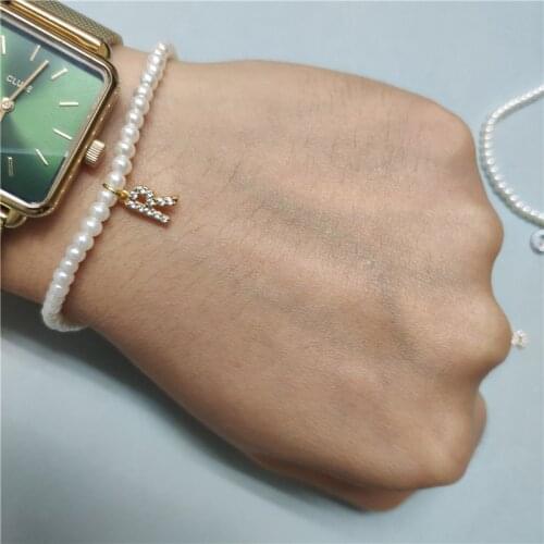 White cz paved tiny gold initial 26 alphabet letter name charm pearl beads bracelets for women birthday wedding gift