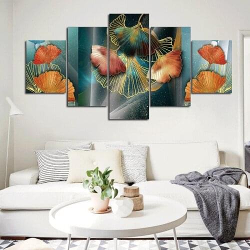 No Framed 5 Pieces Luxury Ginkgo Leaf Canvas Art Painting Prints Modern Wall Decorative Posters for Living Room Hotel Home Decor