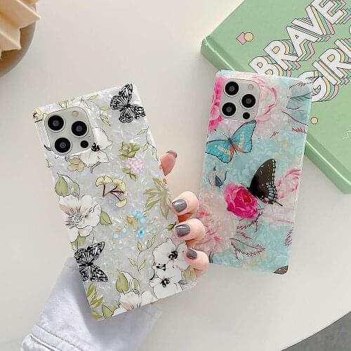 Butterfly Glitter Flowers Leaves Case For iPhone 11 12 Pro SE 2020 X XR XS Max 8 7 Plus Dream Shell Texture Soft IMD Phone Cover