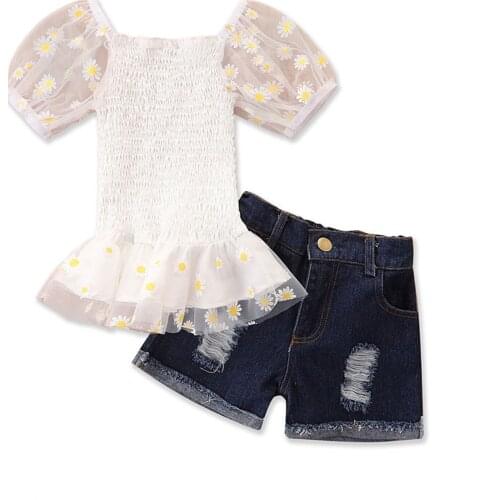 FOCUSNORM Fashion Kids Girls 0-5Y Clothes Sets 3 Colors Sunflowers Printed Lace Puff Sleeve Off Shoulder Tops Denim Shorts