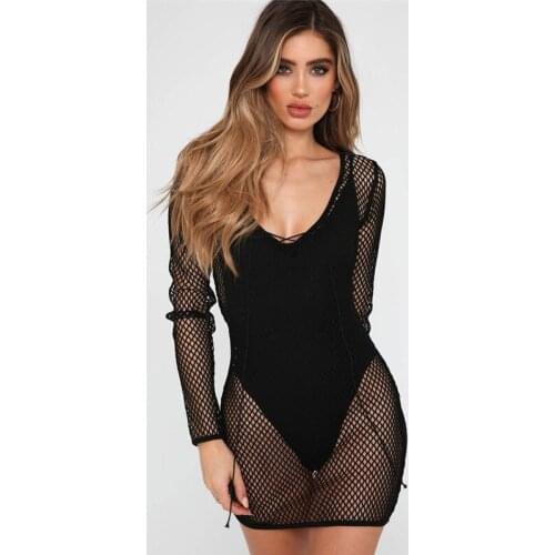 Hirigin Women Cover Up Long Sleeve Mesh Knitted Crochet Beach Tunic Bikini Sarong Wrap Swimwear Women Swimsuit Dress Praia Pareo