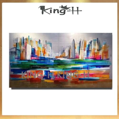 Fine Art Hand-painted Abstract Building Oil Painting on Canvas Impressionist City Building and Lake Landscape Oil Painting
