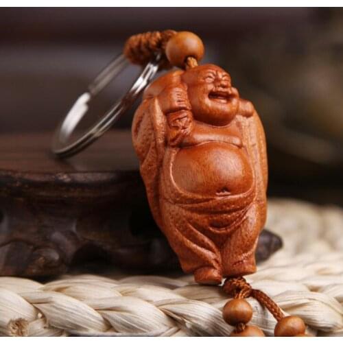 Chinese Peach Wood Carved Maitreya Buddha Happy Buddha Big Belly Buddha Exquisite Car Key Chain Pendant