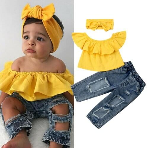 2019 Baby girl summer clothing set yellow ruffle T-shirt Tops Denim Shredded Pants for Kid clothes toddler Children 1-6Years