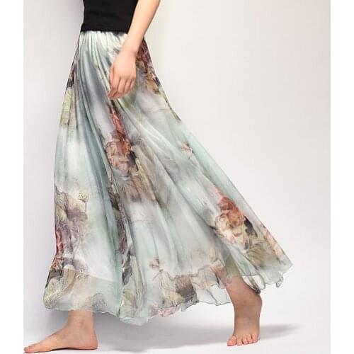 Summer Womens A-Line Midi Floral Printed Elastic Waist Boho Skirt Spring Girls High Waist Casual Chiffon Beach Skirt DS266