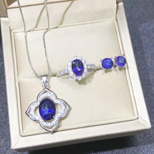 Unique Elegant Gemstone Necklace Stud Earrings Rings 925 Silver Jewelry Set Natural Tanzanite Pendant Necklace Wedding Jewelry