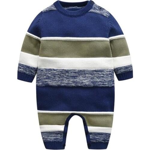 New Spring Autumn Newborn Kids Boys Long Sleeve Rompers Clothes Infant Baby Boys Blue Stripe Rompers Clothing