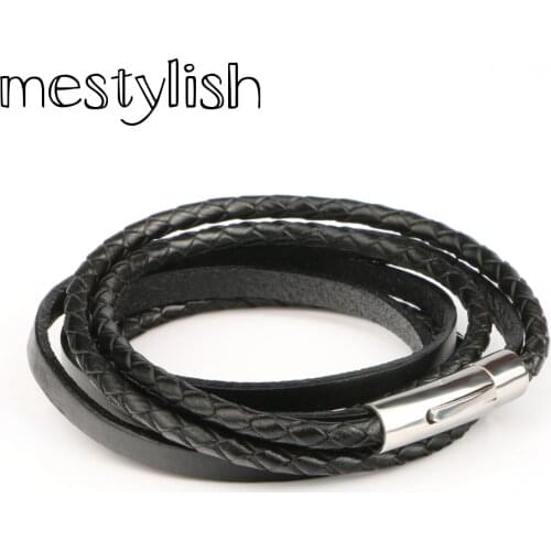 Mestylish New Fashion 316L Titanium Stainless Steel Multilaye Genuine Leather Wrap Bracelet for Women Man Best Friends Gift