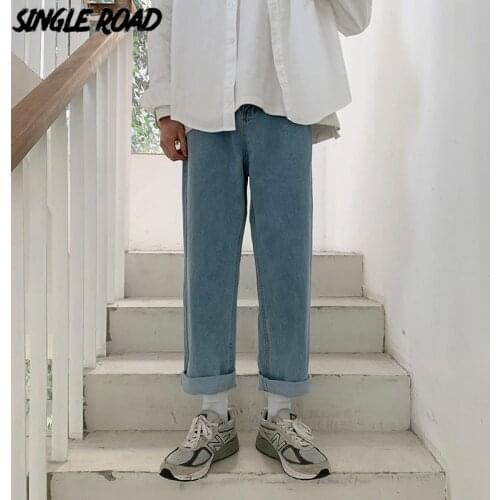 Single Road Mens Straight Baggy Jeans Men 2021 Plain Denim Pants Japanese Streetwear Korean Style Blue Wide Leg Jeans For Men